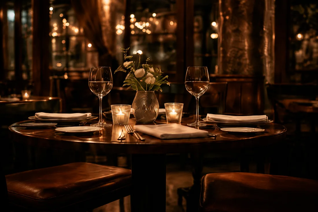 A candlelit table for two set with wine glasses and flowers.