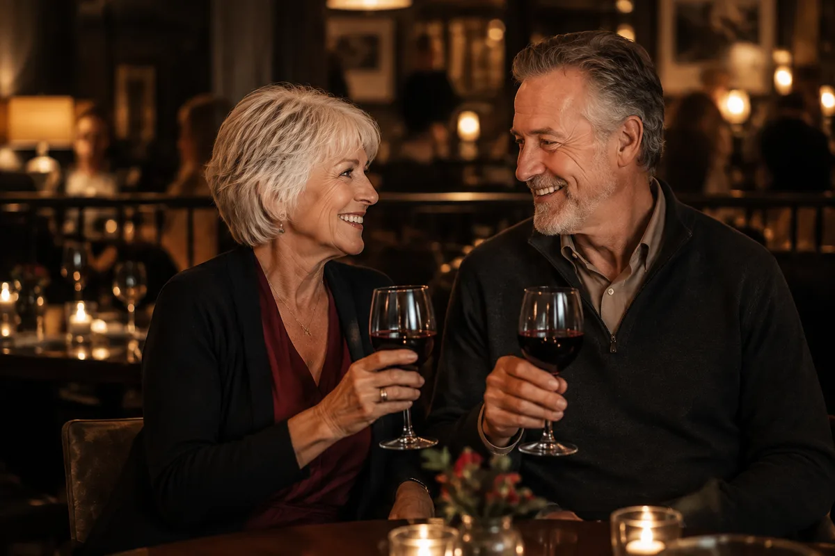 Two guests sharing a warm toast with red wine at a hosted Instant Flames evening.